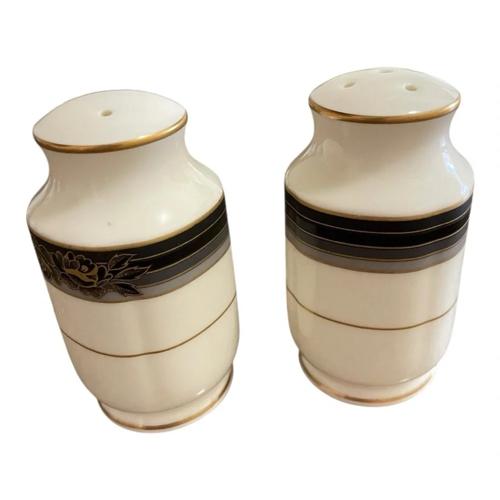 Noritake Salt & Pepper Shakers, Spell Binder, Gray, Black, Gold Stripe, Roses.